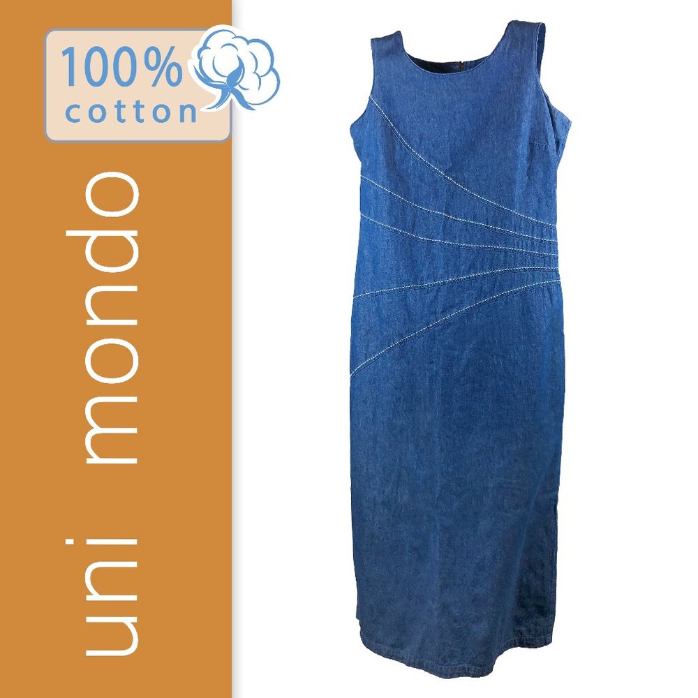 100% Cotton blue denim sleeveless mid calf midi length